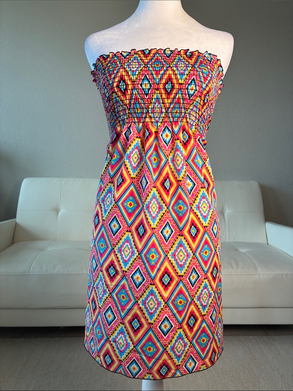 Charming Charlie Strapless Smocked Summer Dress in Multicolor Geometric Print